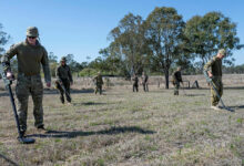 Seven uniformed personnel from the Australian Defence Force use metal detectors to search for potentially dangerous war remnants in a field in Nauru. They are deployed as members of the ordnance mission Operation Render Safe.