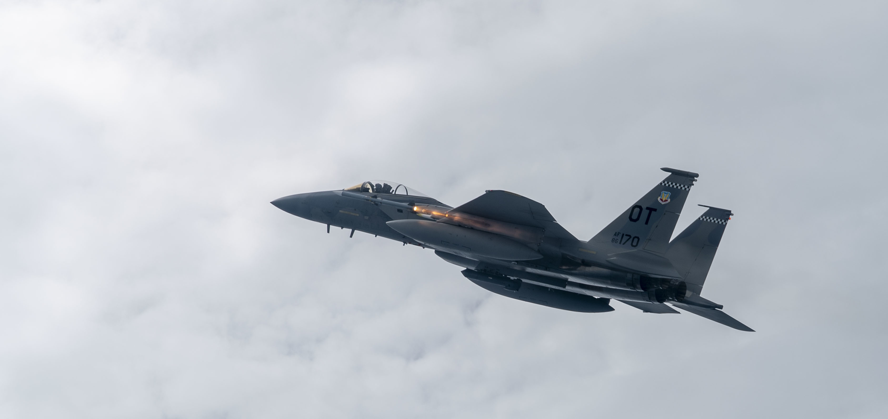 U.S. Air Force Maj. Timothy Phillips from the 40th Flight Test Squadron fires an Advanced Medium Range Air to Air Missile during a test mission from an F-15C Eagle, Eglin Air Force Base, Florida, February 25, 2020. The 40th FLTS executes fighter developmental test and support to deliver war-winning capabilities to the battlefield. (U.S. Air Force photo by Tech. Sgt. John McRell)