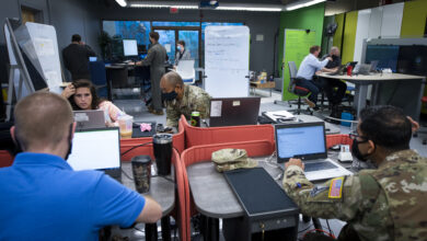 Airmen and civilians participate in the Air Force Test Center’s first-ever data hackathon Nov. 3 at Eglin Air Force Base, Fla. Teams from each AFTC base faced off to solve Air Force Test Pilot School data problems in the week-long competition. (U.S. Air Force photo/Samuel King Jr.)