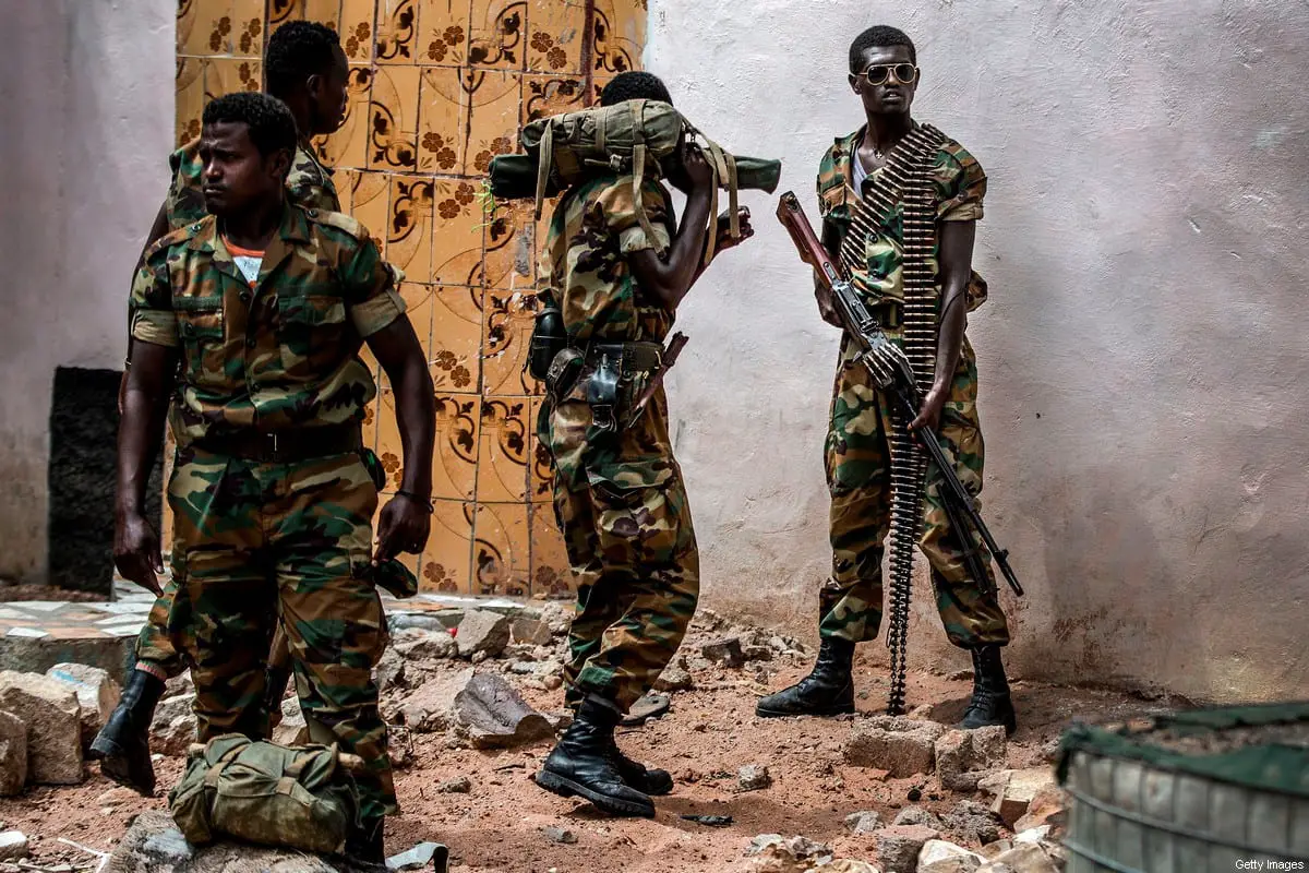 A group of heavily armed Ethiopian soldiers deployed in Somalia as part of the African Union peacekeeping mission patrol in Beledweyne, Somalia