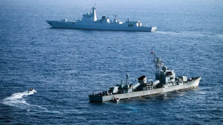 Crew members of China’s South Sea Fleet taking part in a drill in the Paracel Islands