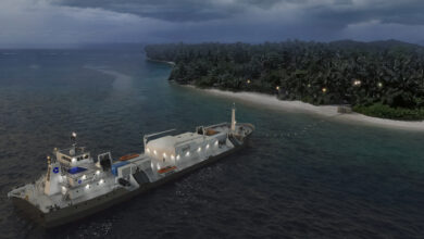 Rendering of Crowley and BWXT vessel concept that will supply small-scale nuclear energy to shoreside locations