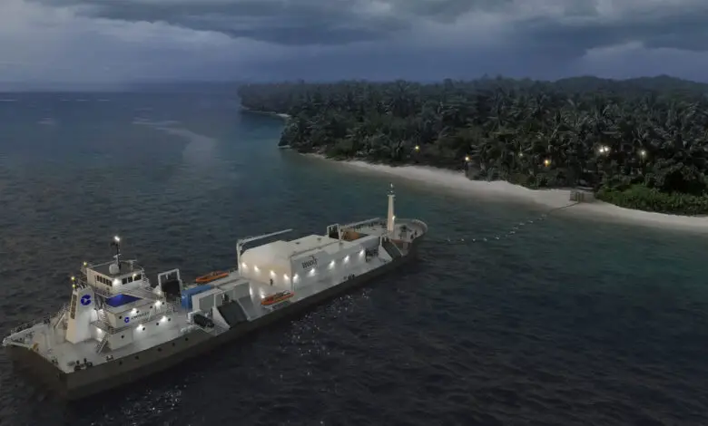 Rendering of Crowley and BWXT vessel concept that will supply small-scale nuclear energy to shoreside locations