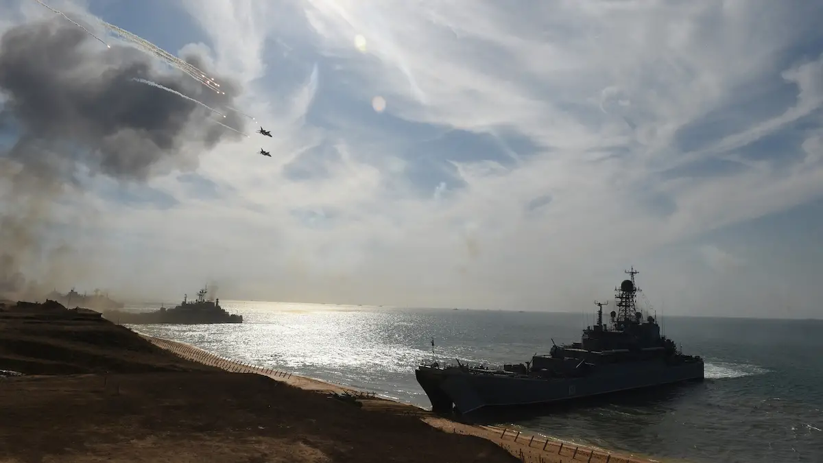 Russia's navy ships and military jets take part in a 2016 military exercise at the coast of the Black Sea in Crimea
