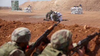 Turkey-backed Syrian fighters take part in a military training near the town of Marea, in the rebel-controlled northern part of Syria’s Aleppo province