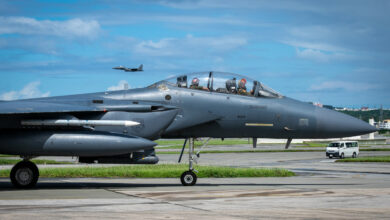 A US Air Force F-15E Strike Eagle taxis as another F-15E during a no-notice agile combat employment exercise