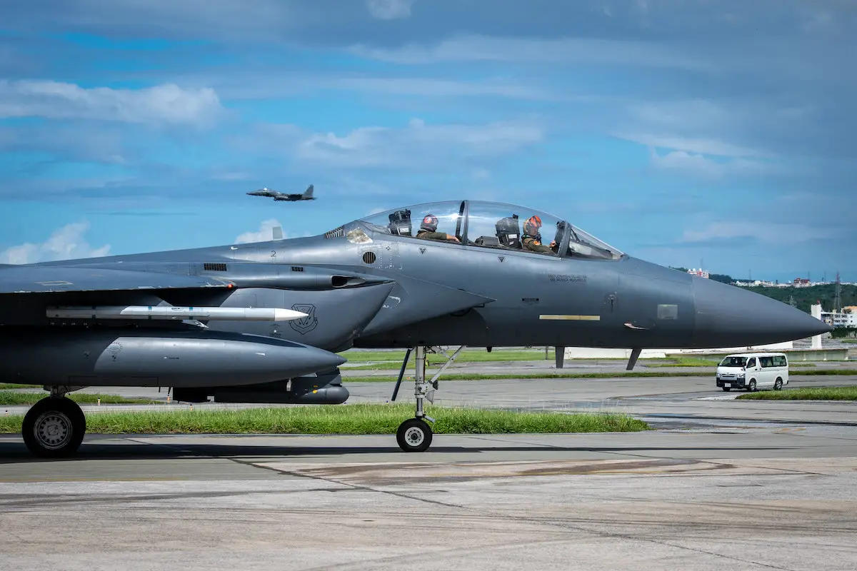 A US Air Force F-15E Strike Eagle taxis as another F-15E during a no-notice agile combat employment exercise