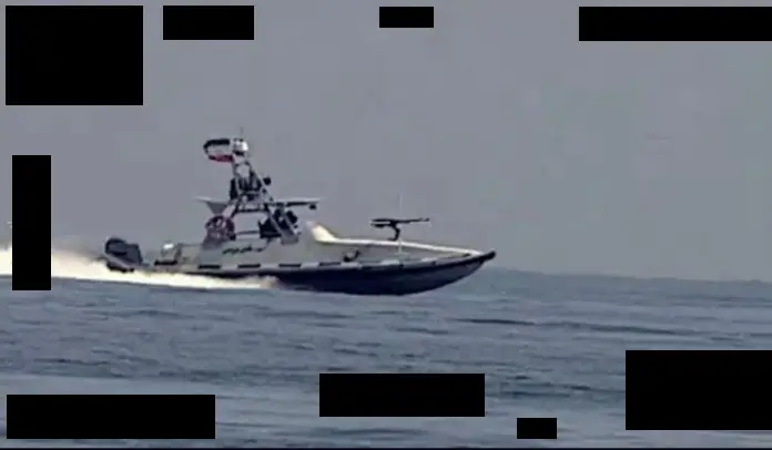 231006-N-NO146-1004 STRAIT OF HORMUZ (Oct. 6, 2023) An undated still image released on Oct. 6 from video taken by an Arabian Fox MAST-13 of an Islamic Revolutionary Guard Corps Navy patrol speedboat in the Strait of Hormuz. U.S. 5th Fleet forces recently conducted an operation integrating unmanned platforms with traditionally crewed ships and aircraft to conduct enhanced maritime security operations in the waters surrounding the Arabian Peninsula. Seven task forces falling under U.S. 5th Fleet integrated 12 different unmanned platforms with manned ships for “manned-unmanned teaming” operations tracking Iranian Navy and Islamic Revolutionary Guard Corps Navy (IRGCN) ships and small boats over several days during routine patrols in and around the Strait of Hormuz. (U.S. Navy photo)
