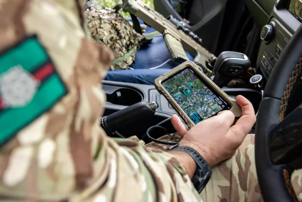 A soldier from 2 Yorks uses the new Dismounted Situational Awareness (DSA) to provide surveillance and coordinate ground troops with the feed from the drone pilot outside the vehicle.LIVEX 23 is Experimentation and Trials Group activity which took place in both the urban and rural domains around the Swindon area. 2 Yorks and TDUs exercised with experimental kit and equipment initially in the urban domain, specifically the disused Debenhams store in Swindon, moving into the rural domain on 28 Sept. The Phalanx Platoons concept was trialled for the first time with new kit and equipment on a multi-phase exercise to test the concept which incorporates a systems operator into the platoon to provide situational awareness through the use of uncrewed systems. They also trialled a variety of other innovative kit including uncrewed ground vehicles one of which will be weaponised. Other new kit includes enhanced Dismounted Situational Awareness, STEED and ballistic shields.