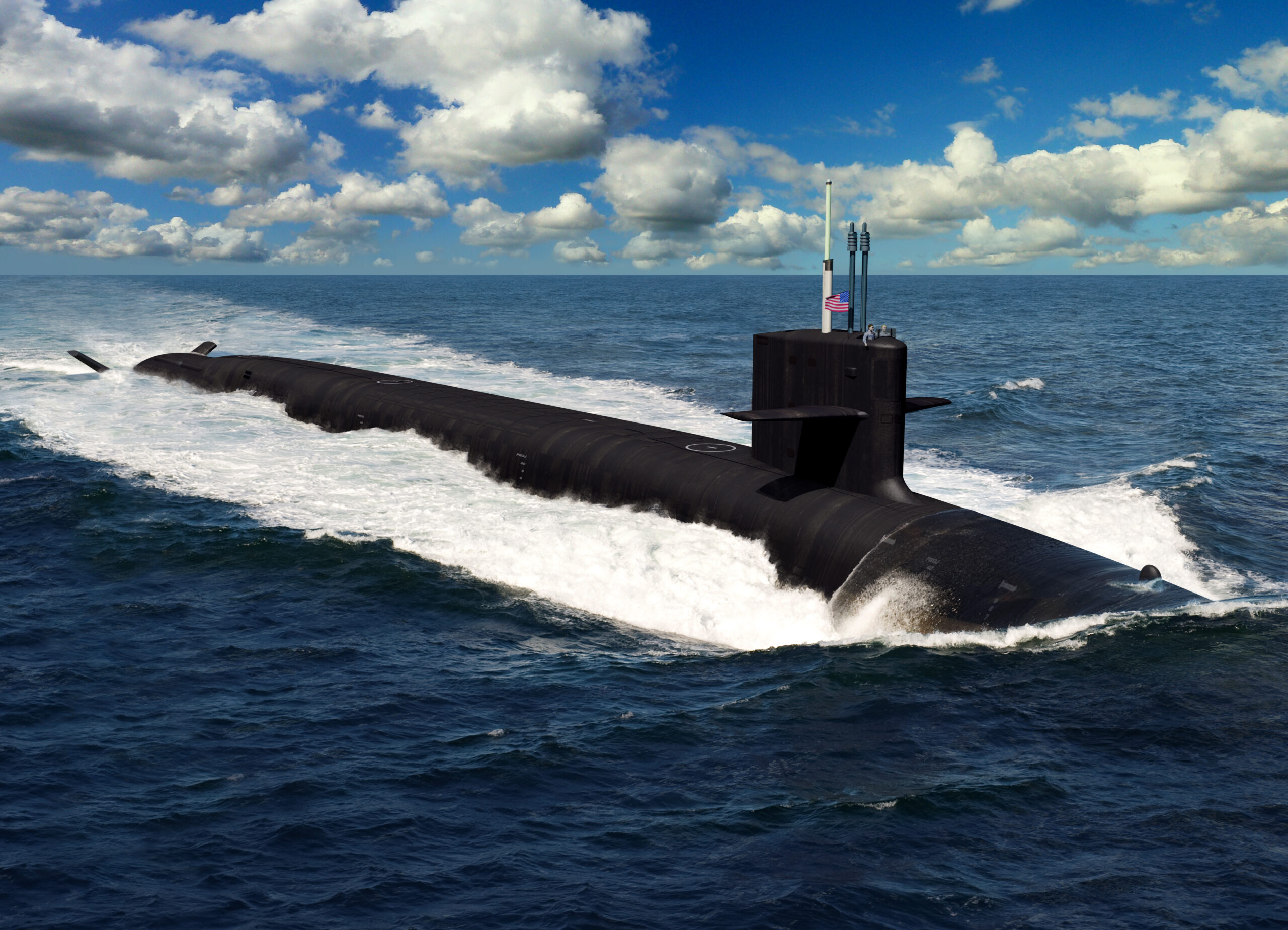 An artist rendering of a Columbia-class nuclear submarine breaching the surface. The top half of the submarine can be seen above the water surrounding it.
