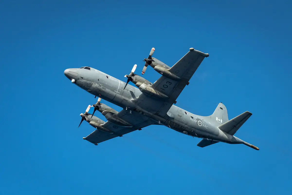 A CP-140 Aurora aircraft, call sign Demon 02, patrols the Mediterranean Sea