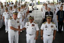 Vice Admiral Karl Thomas, Commander of the US 7th Fleet and Vice Admiral Toribio Adaci Jr, Flag Officer in Command of Philippine Navy Exercise Scheduling SAMASAMA 2023, shake hands during the opening ceremony of Exercise SAMASAMA 2023, the annual bilateral navy-to-navy exercise between the Philippines and US at Philippine Navy Headquarters in Manila