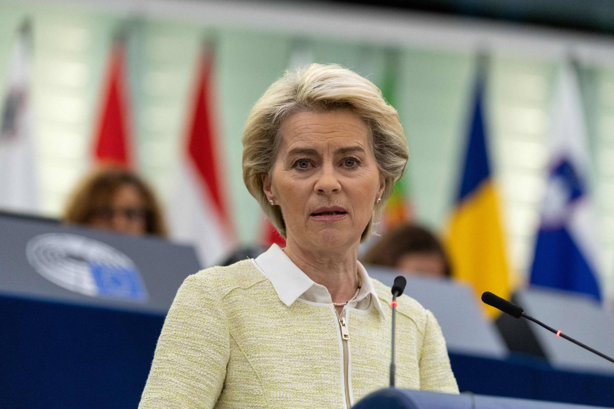 European Commission President Ursula von der Leyen speaks during a debate regarding economic sanctions against Russia, during a plenary session at the European Parliament in Strasbourg