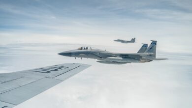 An F-15 from the Florida Air National Guard’s 125th Fighter Wing takes on fuel mid-air during exercise Relámpago VIII in Colombia, 2023