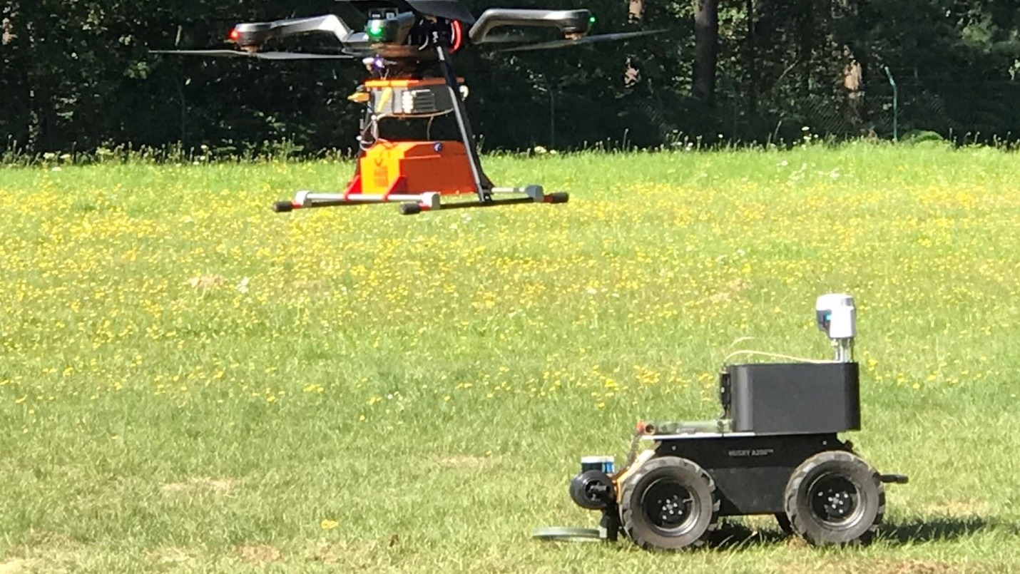 Demonstration of aerial and ground drones for explosives detection in Belgium.