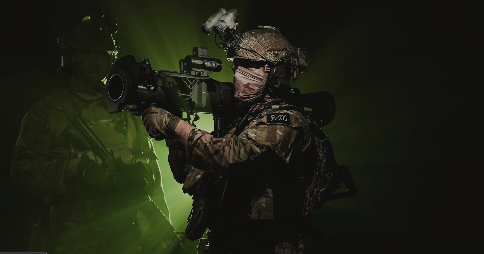 A soldier is seen in the center of the image carrying a Saab Carl-Gustaf Rifle on his shoulder. The background is tinted with green light, making the soldier cast a shadow on most of the image's right.