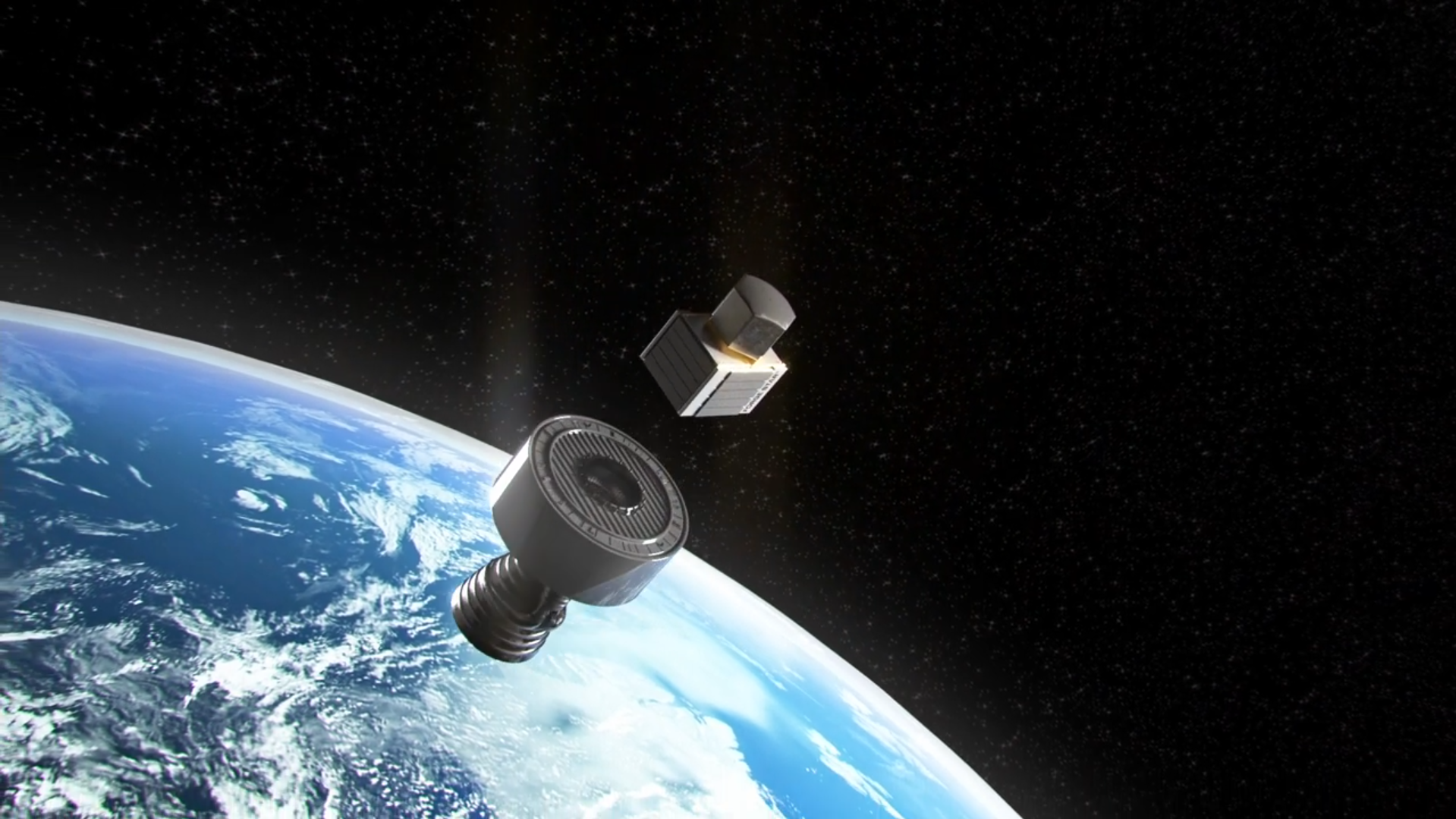 A space rocket detaches from its load in outer space in an artist's 3D rendering. The background is pure black, speckled with distant stars. Earth can be seen on the lower left corner of the image.