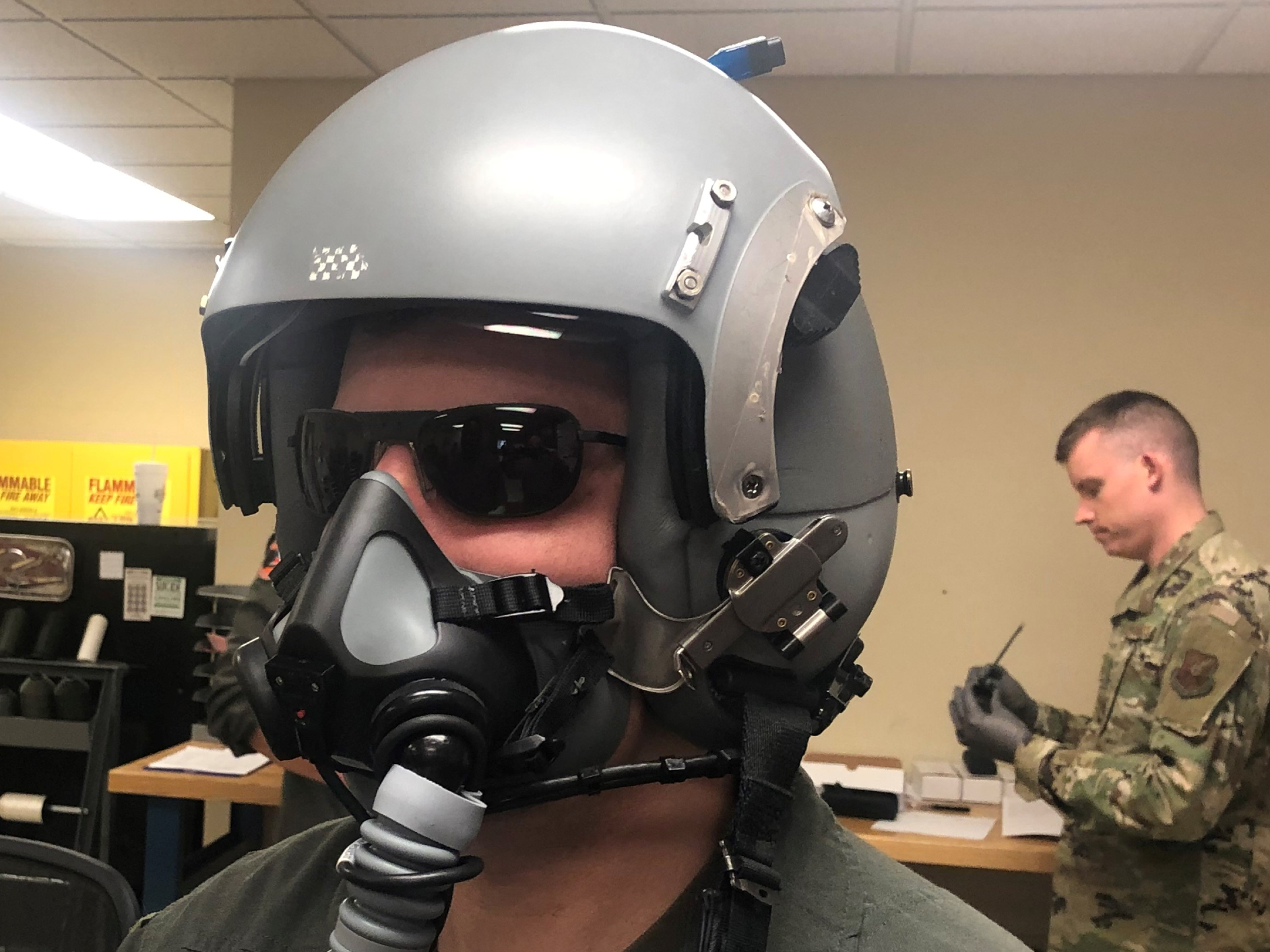 A B-52 Stratofortress aircrew member participating in a laser eye protection test. Eyewear devices include separate day and night spectacles, ballistics spectacles, and visors designed to integrate with night vision goggles. (U.S. Air Force courtesy photo)