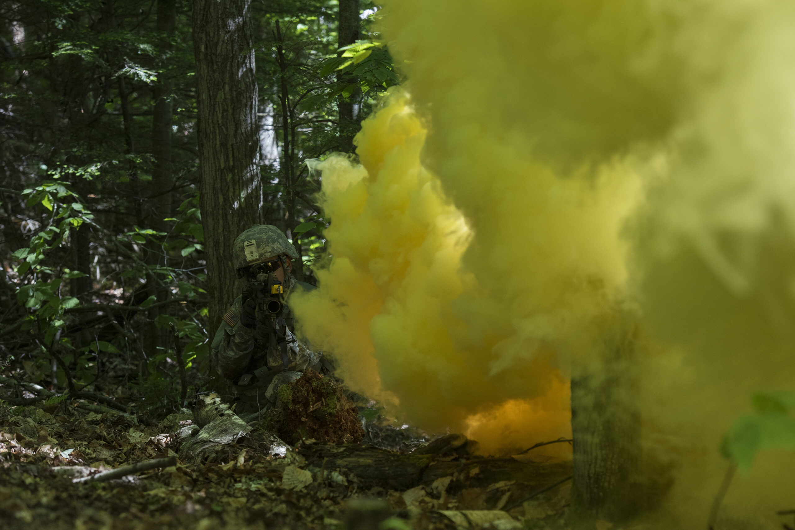 U.S. Army Pfc. Saul Hernandez, assigned to Alpha Company, 3rd Battalion, 172nd Infantry Regiment, 86th Infantry Brigade Combat Team (Mountain), Vermont National Guard, waits while smoke from a grenade creates cover, Camp Ethan Allen Training Site, Jericho, Vt., June 15, 2016. Hernandez is running through an assault lane as part of a buddy-team exercise, during the unit’s two-week annual training. (U.S. Air National Guard photo by Tech. Sgt. Sarah Mattison/Released)