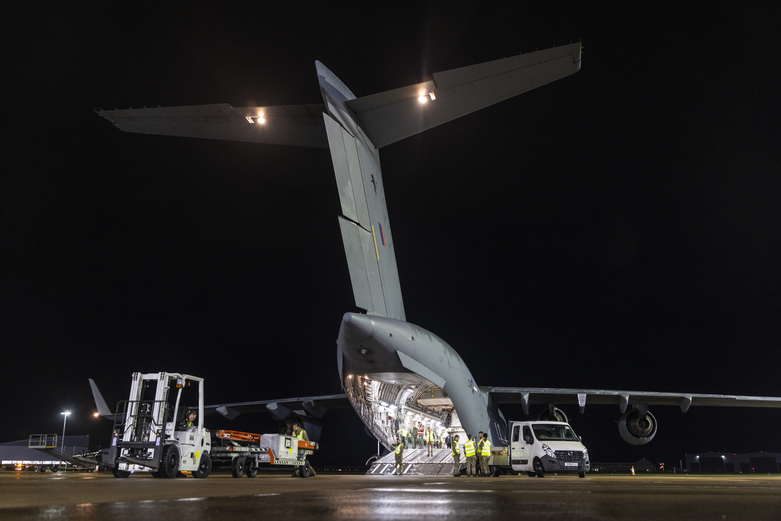 A second UK flight carrying equipment that will support humanitarian agencies to deliver lifesaving supplies to Gaza arrived in Egypt today. This will be followed by a number of flights to deliver 30 tonnes of vital equipment such as forklift trucks, belt conveyors and lighting towers, which have been specifically requested by UK partners in the region, including the Egyptian Red Crescent. RAF delivers another large load of essential equipment to Middle East, consignment includes · Generators · Forklift trucks · Pallet trucks, including 2 for rough terrain Fuel store · Conveyor belt loader · Vehicle service kits The equipment will be set up close to the Rafah border crossing  increasing the capacity of agencies to manage and deliver significant quantities of aid to those in Gaza. Rafah is currently the only entry point for aid into Gaza. This is the second Royal Air Force humanitarian flight from Brize Norton and follows the delivery of 21 tons of essential supplies, including wound care packs and water filters, which arrived in Egypt last week and was handed over to partner agencies working on the ground in Gaza.