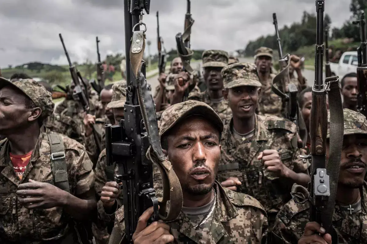 Some soldiers of the Ethiopian National Defence Forces after finishing their training in the field of Dabat, 70 kilometres north-east of the city of Gondar, Ethiopia
