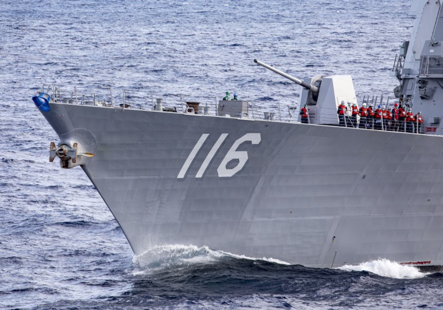 The Arleigh Burke-class guided-missile destroyer USS Thomas Hudner (DDG 116) transits the Atlantic Ocean