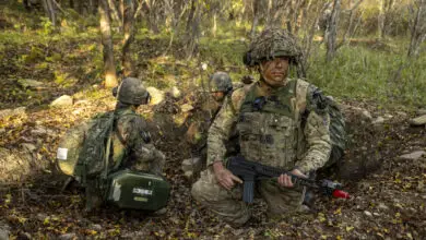 A soldier from C Company, the 1st Battalion Scots Guards checking their arcs alongside their Republic of Korean Army partners during the offensive phase during Exercise IMJIN WARRIOR. The soldiers are all wearing camouflage to blend in the mossy-green forest environment.