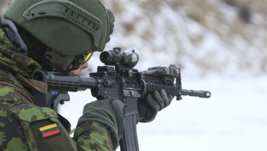 RUKLA, Lithuania – A Lithuanian soldier assigned to the Iron Wolf Mechanized Infantry Brigade, acquires his target with an M4 carbine during Close Quarter Marksmanship training with U.S. Paratroopers assigned to Able Company, 2nd Battalion, 503rd Infantry Regiment, 173rd Airborne Brigade, in Rukla, Lithuania, Jan. 24, 2017. The training was part of a two-week course that built camaraderie and expertise among both U.S. Paratroopers and Lithuanian soldiers. The ‘Sky Soldiers’ of 2nd Bn., 503rd Inf. Regt. are on a training rotation in support of Atlantic Resolve, a U.S. led effort in Eastern Europe that demonstrates U.S. commitment to the collective security of NATO and dedication to enduring peace and stability in the region. The 173rd Airborne Brigade, based in Vicenza, Italy, is the Army Contingency Response Force in Europe, and is capable of projecting forces to conduct a full range of military operations across the United States European, Central and Africa Command areas of responsibility within 18 hours. (U.S. Army photo by Sgt. Lauren Harrah/Released)