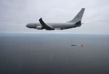 Pictured is a Royal Air Force Poseidon maritime patrol aircraft releasing a torpedo for the first time. In a training flight conducted over the Moray Firth a Poseidon (P-8A) aircraft operated by 120 Sqn, RAF Lossiemouth, dropped a recoverable exercise variant of the Mark 54 Lightweight Torpedo, simulating an attack on a submarine. The MK 54 is an advanced lightweight anti-submarine warfare (ASW) torpedo Which can be used in both deep and shallow waters. It is capable of tracking, classifying, and attacking underwater targets. Five Mark 54’s can be carried in the Poseidon's internal weapons bay. The high-explosive warheads on the live torpedoes pack a devastating punch sufficient to destroy enemy submarines that the Poseidon crew can locate and track using state-of-the-art equipment.