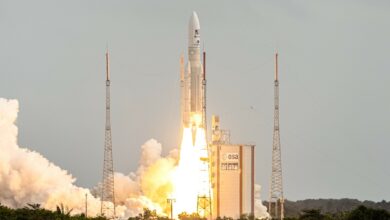 Arianespace's Ariane 5 rocket lifting off from its launchpad, at the Guiana Space Center in Kourou, French Guiana