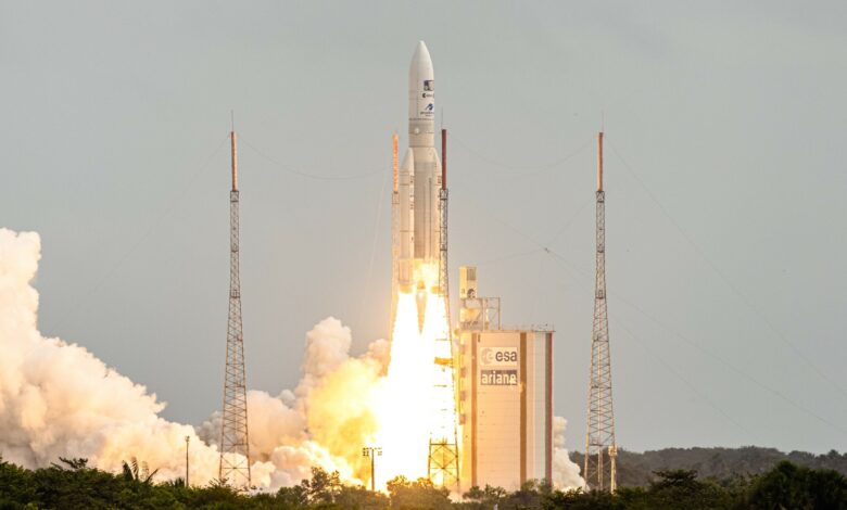 Arianespace's Ariane 5 rocket lifting off from its launchpad, at the Guiana Space Center in Kourou, French Guiana