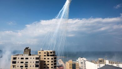 Airbursts of artillery-fired white phosphorus fall over the Gaza city port, October 11, 2023