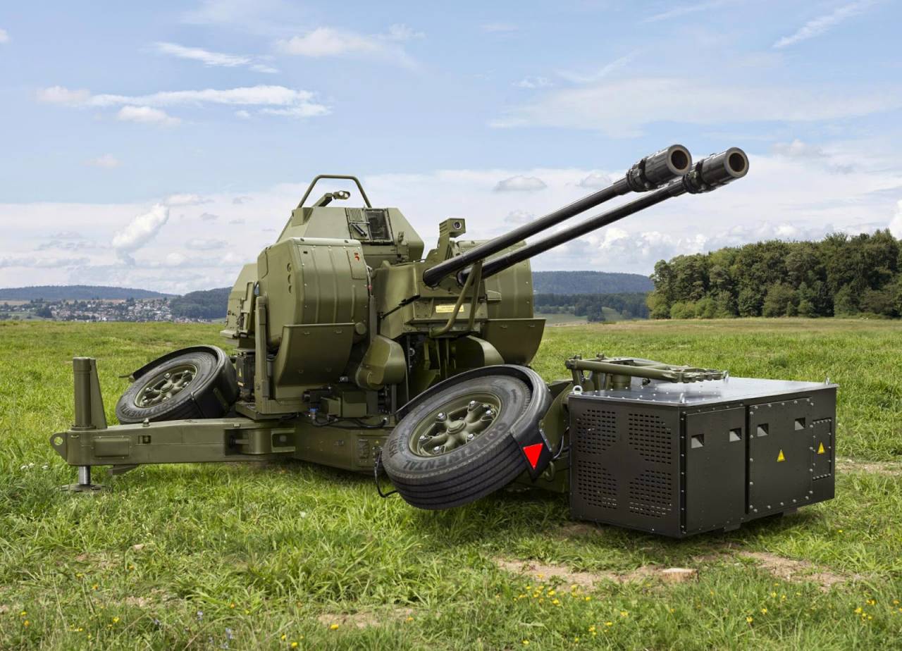 A Rheinmetall twin 35mm anti-aircraft gun is seen stationed in a green, grassy field. The equipment is painted green, and two long gun barrels are sticking out from the equipment's body. Its front and back both have one wheel on it, which rests at a 45 degree angle. The background is a blue sky with a few light clouds.