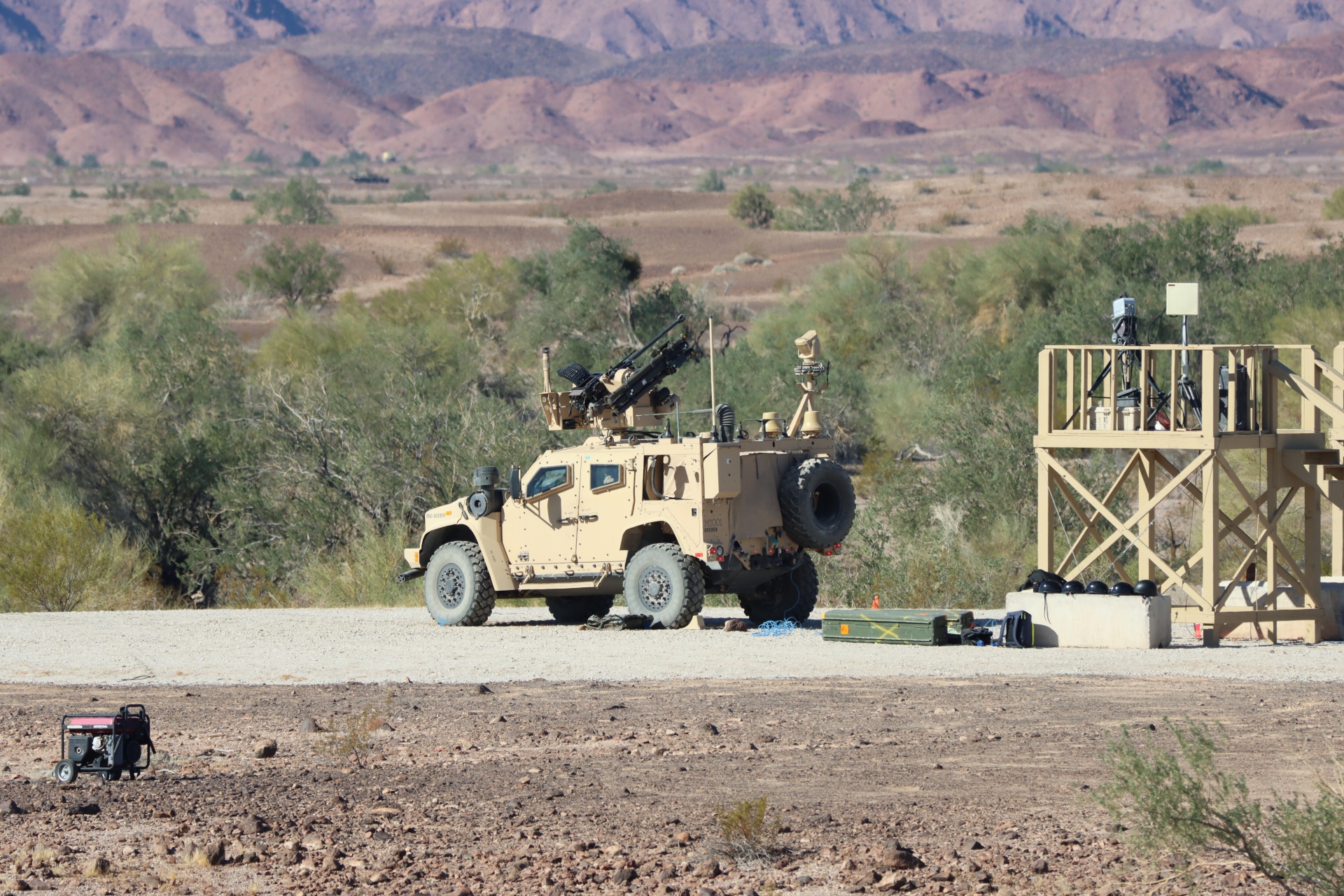 Yuma Proving Ground, Arizona - U.S. Marines with Marine Corps Systems Command, fire a Stinger Missile from a Marine Air Defense Integrated System (MADIS) at Yuma Proving Ground, Arizona, December 13, 2023. The MADIS Mk1, pictured, and Mk2 form a complementary pair and will be the basic building block of the Low Altitude Air Defense (LAAD) Battalions’ ground-based air defense capability. (U.S. Marine Corps photo by Virginia Guffey)