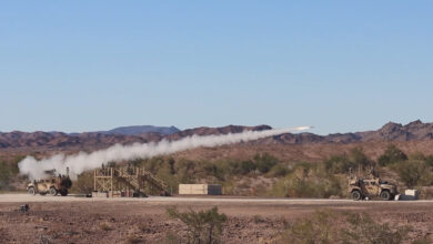 Yuma Proving Ground, Arizona - U.S. Marines with Marine Corps Systems Command, fire a Stinger Missile from a Marine Air Defense Integrated System (MADIS) at Yuma Proving Ground, Arizona, December 13, 2023. The MADIS Mk1, pictured, and Mk2 form a complementary pair and will be the basic building block of the Low Altitude Air Defense (LAAD) Battalions’ ground-based air defense capability. (U.S. Marine Corps photo by Virginia Guffey)