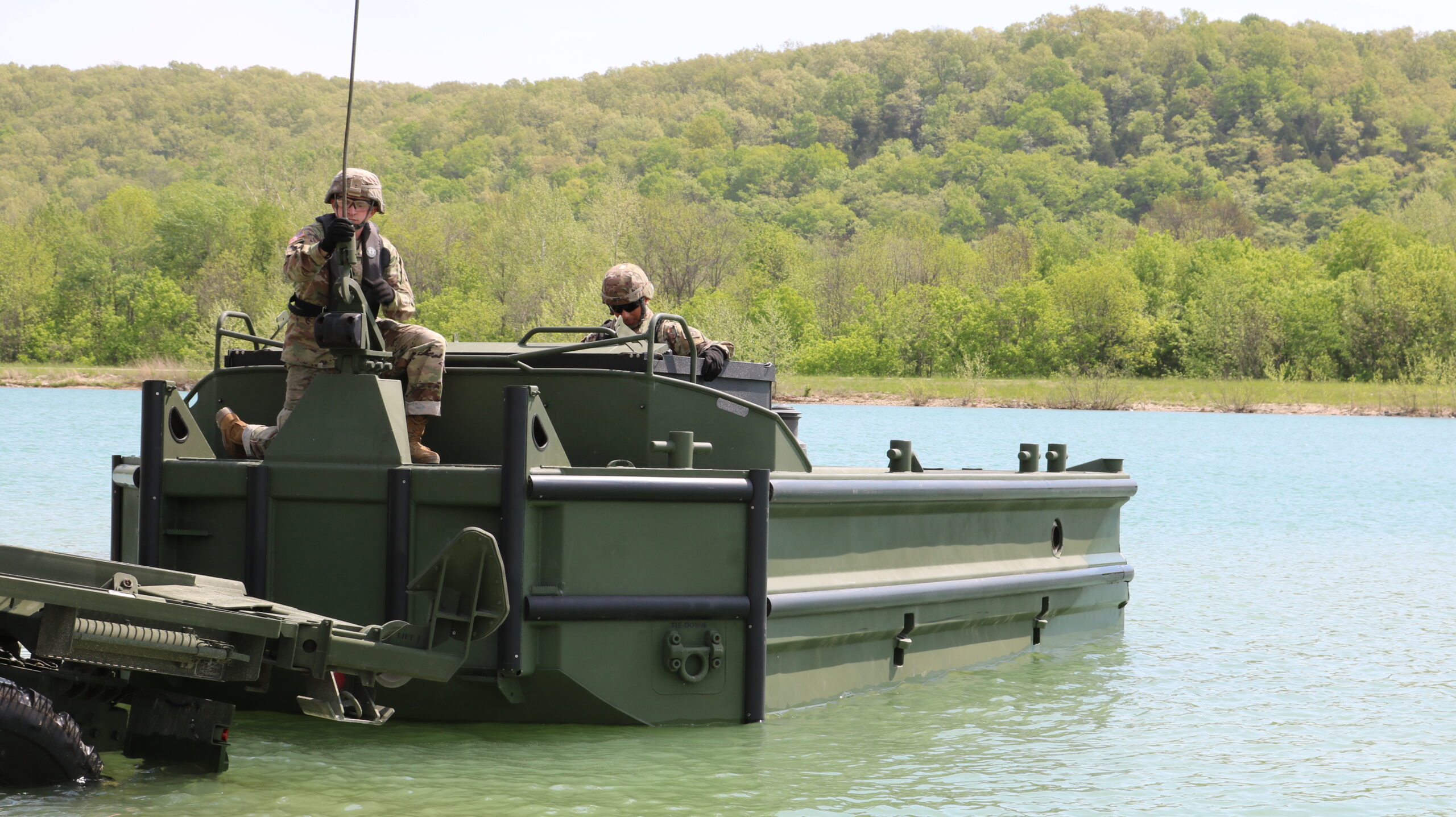 The M30 Bridge Erection Boat launches into the water during new equipment operator training at Fort Leonard Wood, Mo.