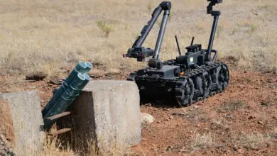 A Man Transportable Robotics system is used to assess an improvised rocket during Exercise GOLDEN CRAB on Beale Air Force Base, California, Sept. 20, 2023. An explosive ordnance disposal team was sent out to respond to a long range threat and used the robotics system to assess the situation from a safe distance. (U.S. Air Force photo by Senior Airman Alexis Pentzer)