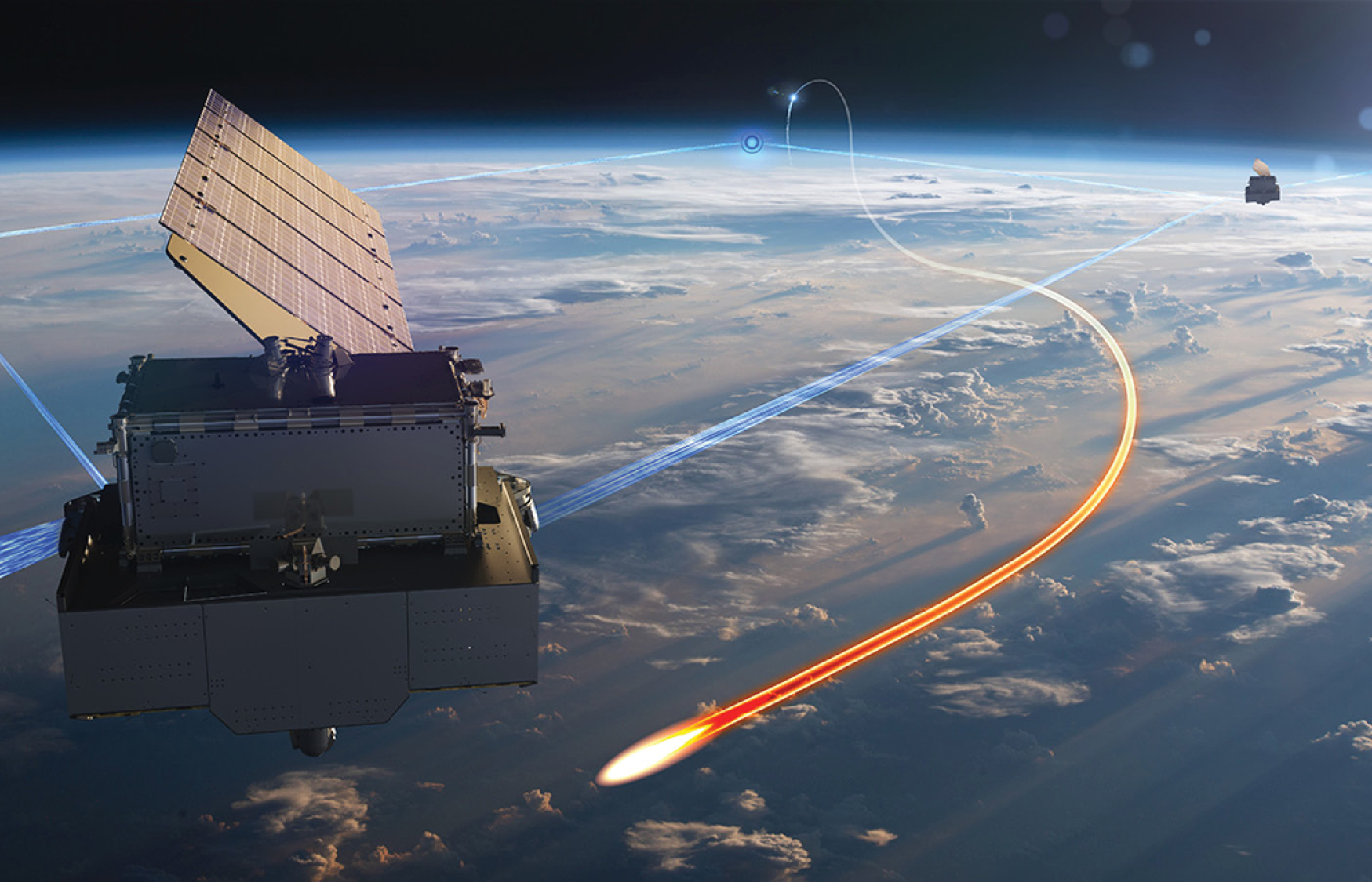 Artist's rendering of space-based infrared satellite deflecting a missile threat