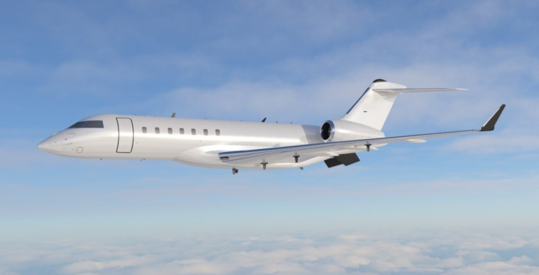 A white Bombardier Global 6500 airplane is seen flying among the clouds. The blue sky serves as the background.