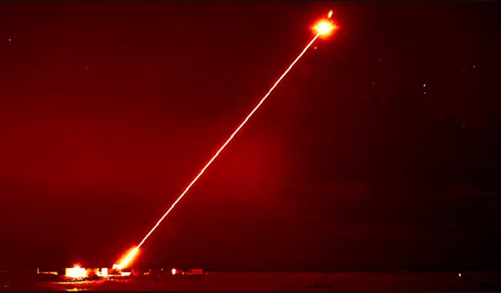 The UK's DragonFire laser directed energy weapon engages aerial targets.