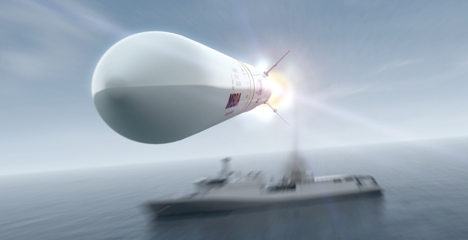 A computer rendering of an MBDA Sea Ceptor naval air defense system missile is seen being launched from a ship in the background. The entire background is blurred to add more focus on the moving missile.
