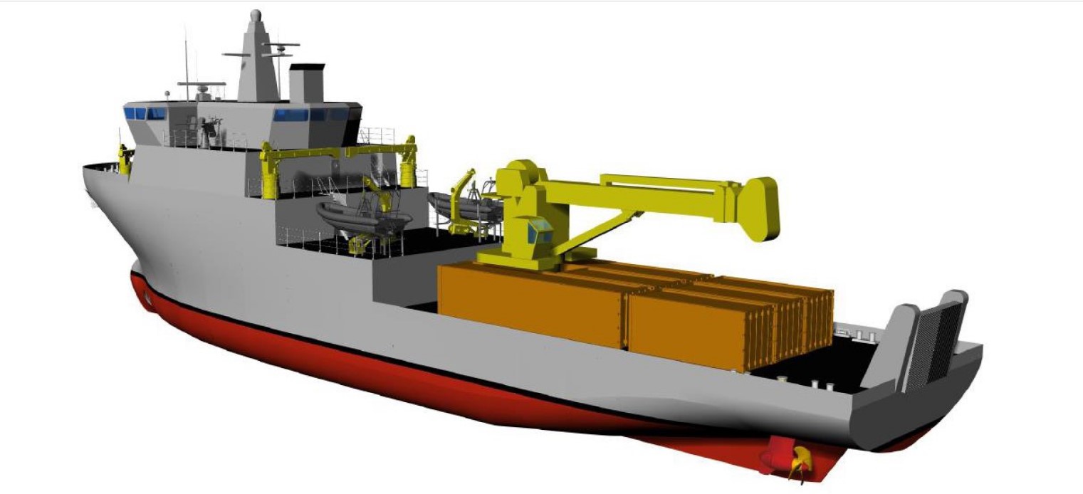 A 3D rendering of the Coastal Motor Transport and Lighthouse Servicing (MTC/MTF) ship. The image shows some of the major components of the vessel: the hull painted mostly in gray except for the bottom part which is red, the heavy machinery cranes colored in yellow, and the shipping containers on the dock colored orange.