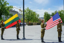 Service members from the United States, Lithuania and several other nations participate in a ceremony to celebrate the 25th Anniversary of the Lithuanian and Pennsylvania Army National Guard’s participation in the State Partnership Program (SPP) in downtown Vilnius, Lithuania, June 10, 2018. The SPP, allows the National Guard to strengthen international relationships while conducting military-to-military engagements in support of defense security goals across the world. (U.S. Army photo by Sgt. Gregory T. Summers / 22nd Mobile Public Affairs Detachment)