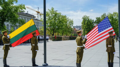Service members from the United States, Lithuania and several other nations participate in a ceremony to celebrate the 25th Anniversary of the Lithuanian and Pennsylvania Army National Guard’s participation in the State Partnership Program (SPP) in downtown Vilnius, Lithuania, June 10, 2018. The SPP, allows the National Guard to strengthen international relationships while conducting military-to-military engagements in support of defense security goals across the world. (U.S. Army photo by Sgt. Gregory T. Summers / 22nd Mobile Public Affairs Detachment)