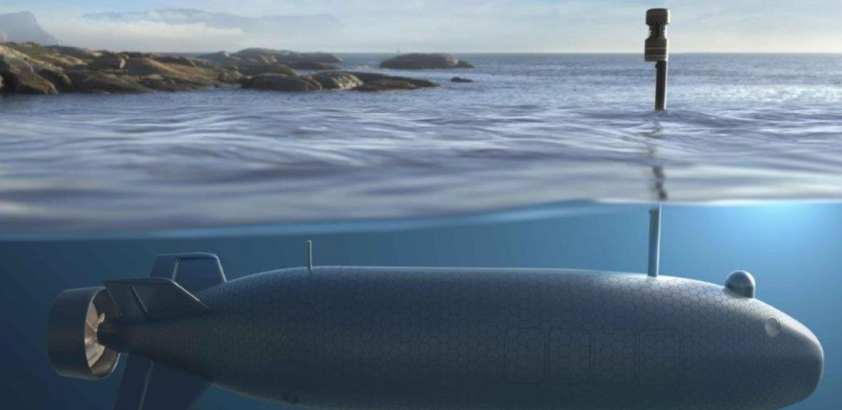 An artist's rendering of an uncrewed combat underwater vehicle. The drone is submerged underwater, while its periscope sticks out the water's surface. A rocky shore is seen over on the left side of the horizon.