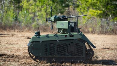 The Milrem THeMIS, a Dutch and German ground-based system combining an unmanned ground vehicle (UGV) and a remote-controlled weapon station designed to enhance the firepower of dismounted units, participates in the 2024 Army Expeditionary Warrior Experiment Jan. 29, 2024, at McKenna Range, Fort Moore, Ga.