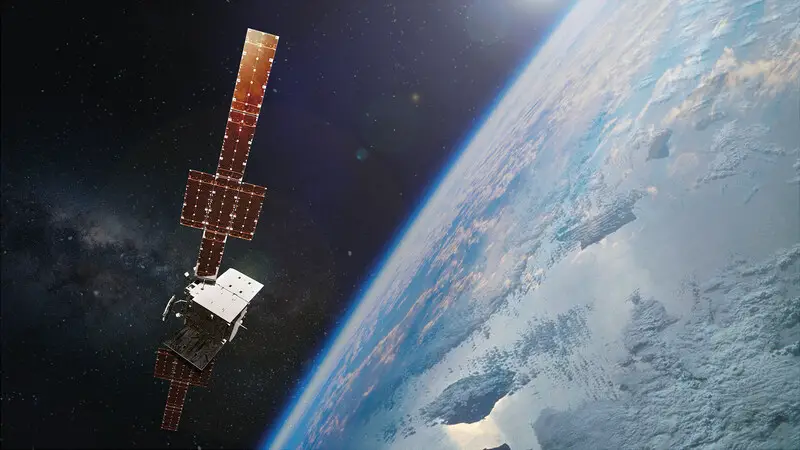 An artist's rendering of the WGS-12 satellite floating up in space. The satellite is on the left side of the image, with Earth serving as the background on the right side of the picture.