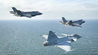 Two F-35 Lightning II and a JAS-39 Gripen fighter plane fly together during Denmark and Sweden's drills. The background is a clear blue sky with some white clouds covering it. The sea below shows calm, blue-green waters.