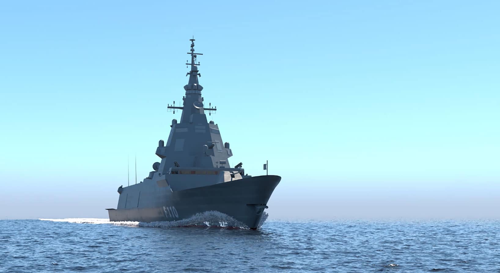 An artist's rendering of the F-110 frigate. The ship is painted gray, and is seen sailing across blue waters. The background is a clear blue sky.