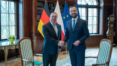 German Defense Minister Boris Pistorius and Polish Defense Minister Wladyslaw Kosiniak-Kamysz are seen shaking hands in an office. The two are posing for the camera, with the German, Polish, and EU flags behind them. A fourth flag, most likely the NATO flag, is obscured by the Polish minister's back.